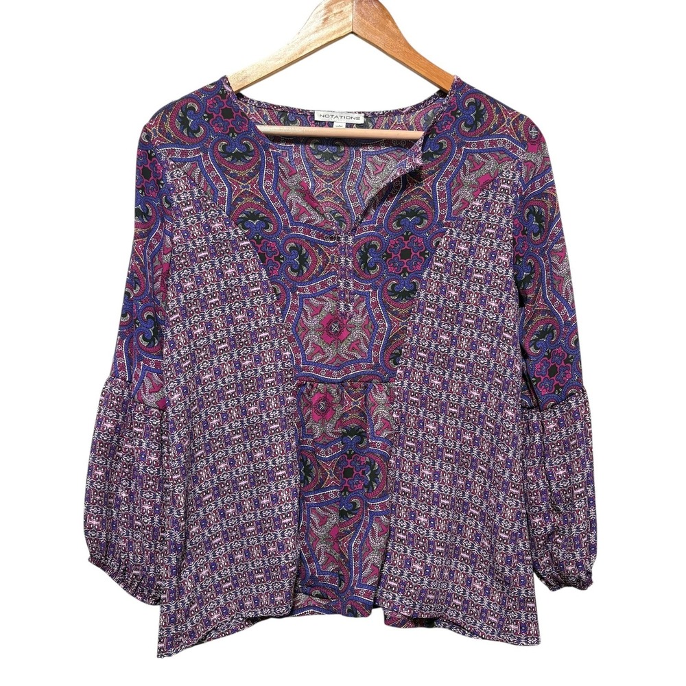 Notations Womens Babydoll Top‎ S Purple Pink Boho Festival Peasant Retro Print
